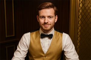 VIP Blackjack oyununun profesyonel krupiyeli lüks masa düzeni ve kart dağıtımı